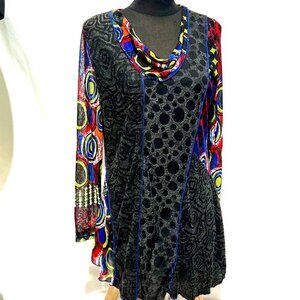 NWT Radzoli Mix Media Asymmetric Cowl Neck Tunic Top. Kaleidoscope of Color XL